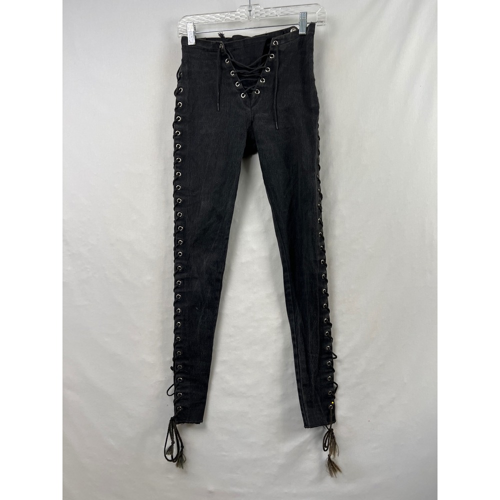 Frederick's of Hollywood Vtg Lace Up Pant Junior Sz 3 Black Side Tie Skinny Jean